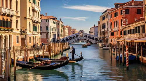 Panoramic view of Grand Canal with gondolas in Venice  Italy