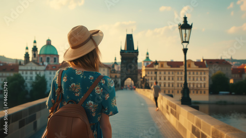 A female traveler in a floral dress admires the view from Charles Bridge in Prague.