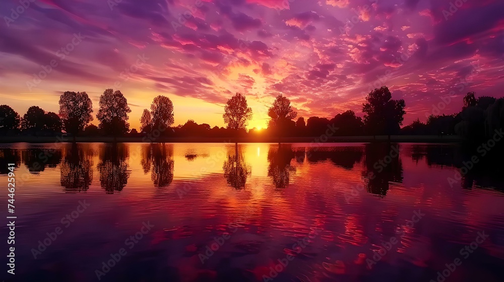 Vibrant sunset reflection over tranquil lake surrounded by silhouetted trees