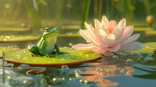 A cheerful frog on a lily pad with a rainbow-hued reflection, a magical illustration ideal for children's books or environmental themes, with ample space for text. photo