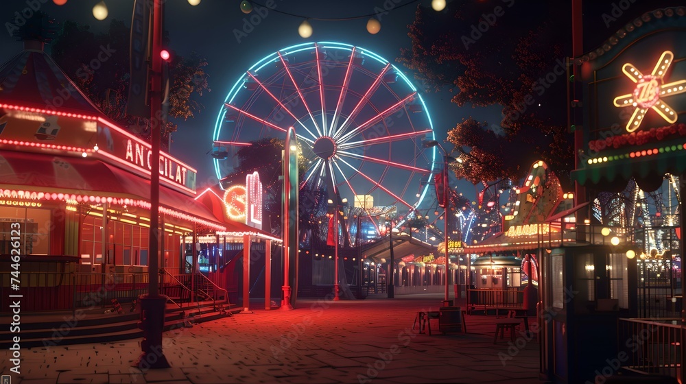Enchanting night at the amusement park with vibrant lights and ferris wheel