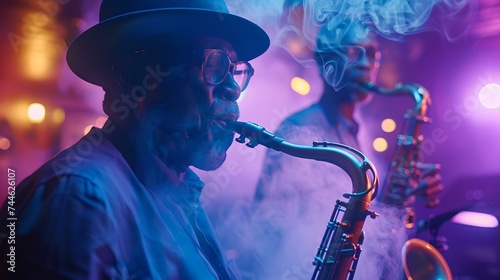Jazz musician playing saxophone with band in smoky club atmosphere