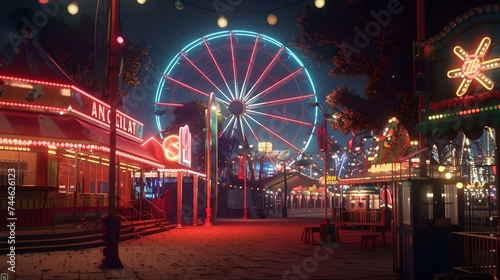 Enchanting night at the amusement park with vibrant lights and ferris wheel