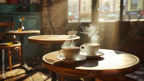 Wallpaper Mural Cozy coffeehouse morning with steaming cups and warm sunshine Torontodigital.ca