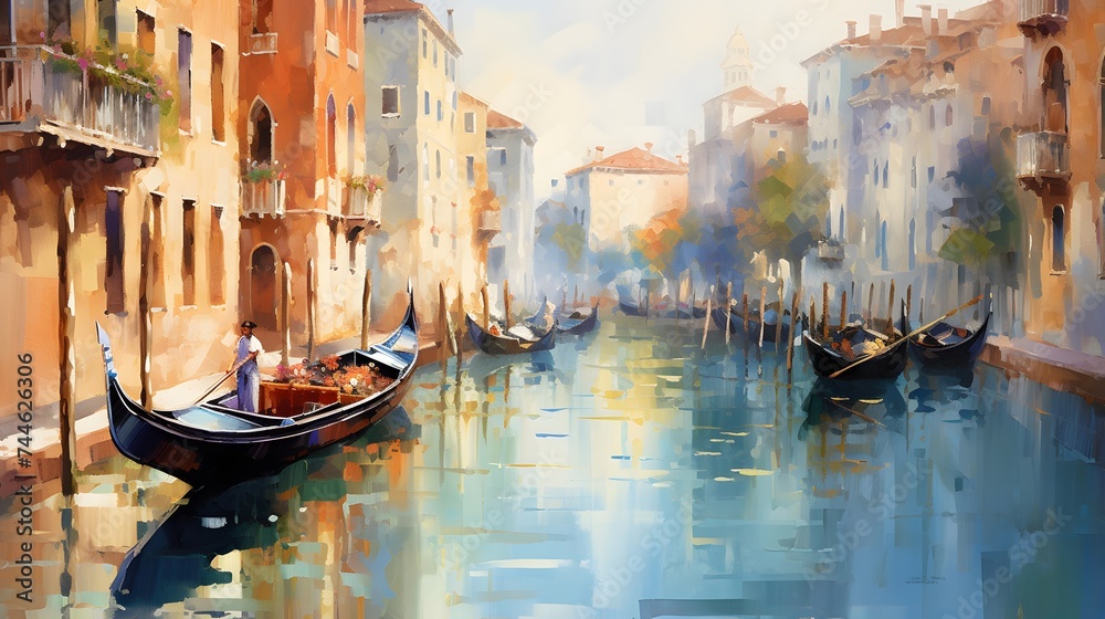 Digital painting of a canal with gondolas in Venice, Italy
