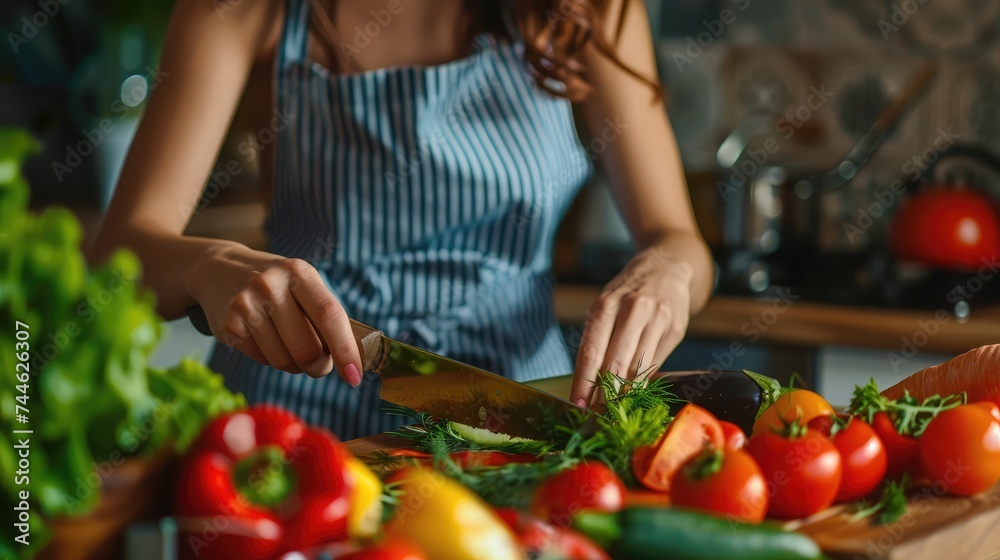 Closeup on young woman slicing vegetables