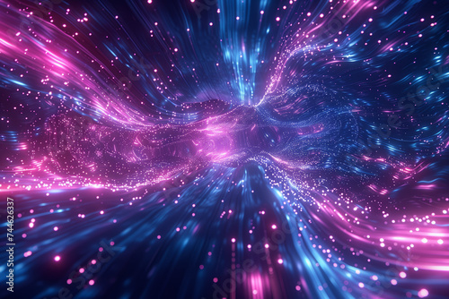 Hyperspace Travel Through Starfield in Deep Space. Dynamic representation of hyperspace travel with streaks of light and clusters of stars stretching towards the viewer in a celestial scene.