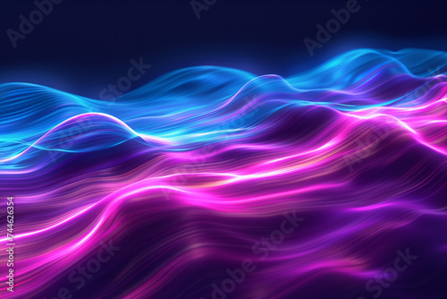 Vibrant Digital Waves Flowing in a Neon Landscape. Abstract digital landscape with flowing waves of neon blue and vibrant pink lights, creating a dynamic and futuristic visual effect.