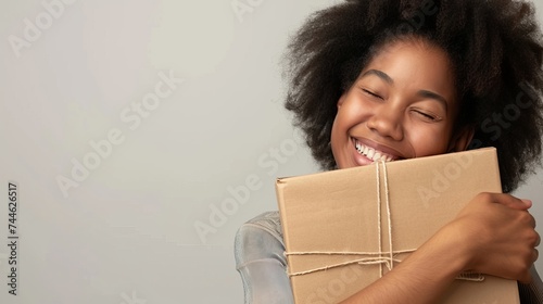 Afro woman hugging cardboard package, receiving long awaited delivery, getting online order indoors. A satisfied customer embraces her internet purchase in cardboard package. photo