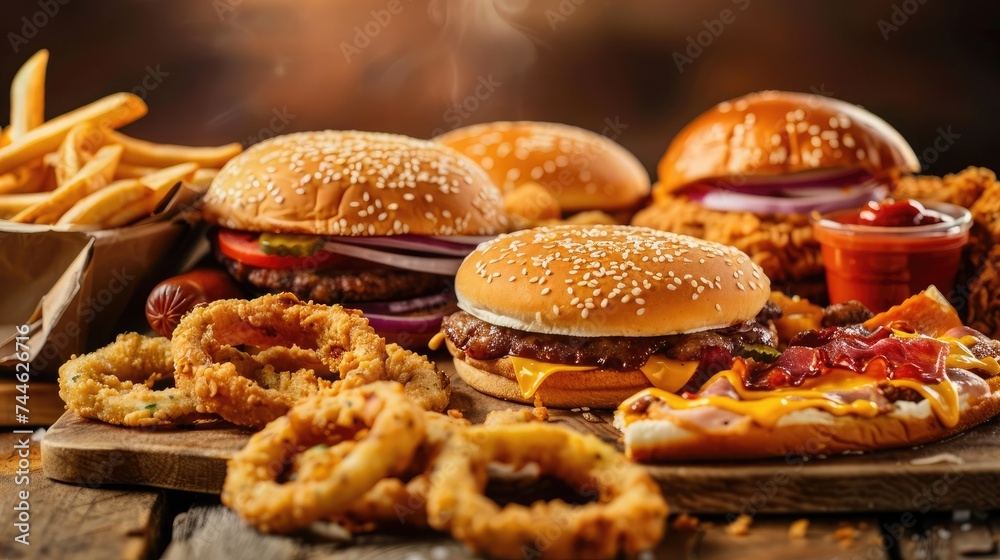 Fast food concept with greasy fried restaurant take out as onion rings burger and hot dogs with fried chicken french fries and pizza as a symbol of diet temptation resulting in unhealthy nutrition.