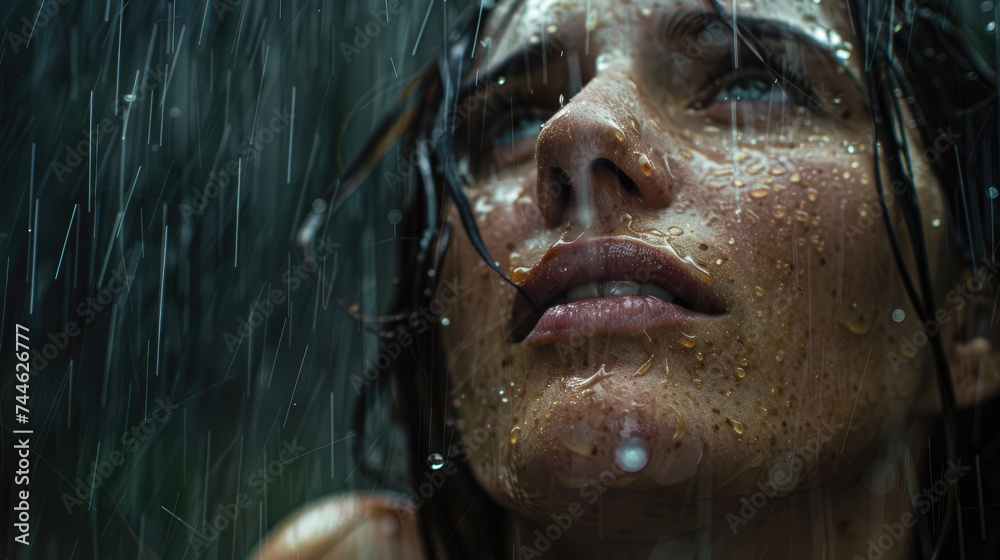 Emotional close up portrait of a woman looking up under the rain