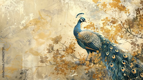 An abstract artistic background featuring floral illustrations, plants, branches, peacocks, golden brushstrokes. Wall Papers, Posters, Cards, Murals, Prints, etc.