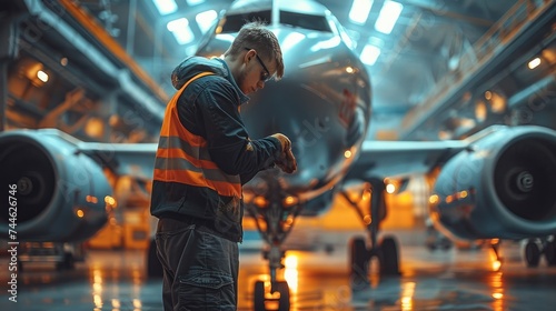 A mechanic doing engine inspection on the plane. Generative AI. © visoot