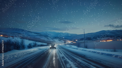Photo of a view of automobile driving on empty mountainous road in winter under night sky glowing stars of milky way © Dominik