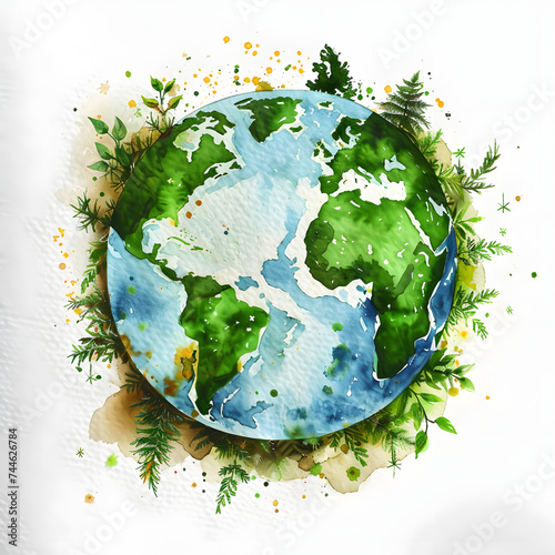 Green earth watercolor art hand drawing