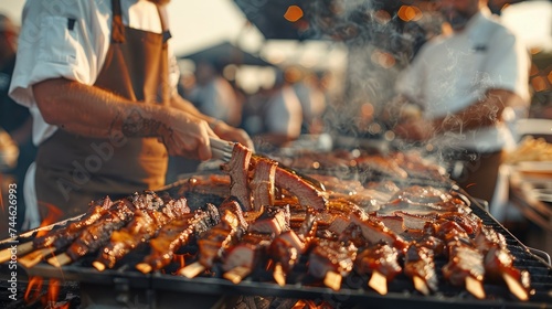 A barbecue competition with chefs grilling up their best brisket for judging. Generative AI.
