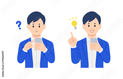 スマホを見て疑問を持つ･ひらめきのポーズをするビジネスパーソン男性のセット【人物ベクターイラスト素材】