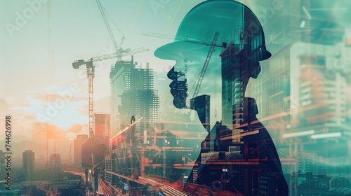 Future building construction engineering project concept with double exposure graphic design. Building engineer  architect people or construction worker working with modern civil equipment