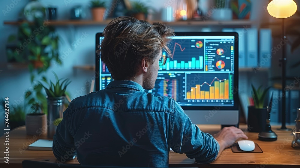 A man working with statistics on a computer, data analysis, freelance. Generative AI. A man working with statistics on a computer, data analysis, freelance. Generative AI.