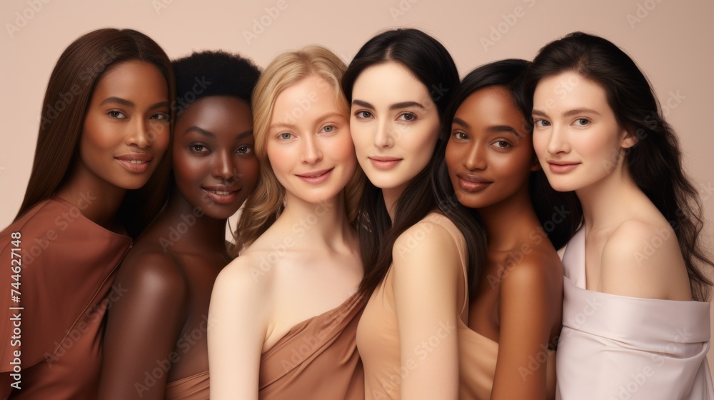 Various ethnic women with different types of skin posing and smiling on beige background. Multiethnic women with different skin types looking at the camera.