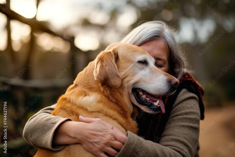 Affectionate mature woman hugging her joyful labrador, reflecting a strong bond and companionship outdoors, Generative AI
