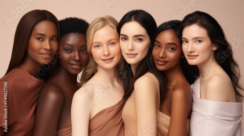 Various ethnic women with different types of skin posing and smiling on beige background. Multiethnic women with different skin types looking at the camera.