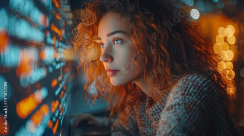 Data science, cloud computing, and digital technology concept. Woman using a laptop computer with database connection, AI artificial intelligence, and code on a virtual screen, futuristic technology