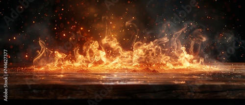 Table with fire burning at the edge, sparks, smoke, and particles flying in the air, fire flames on a dark background to showcase products