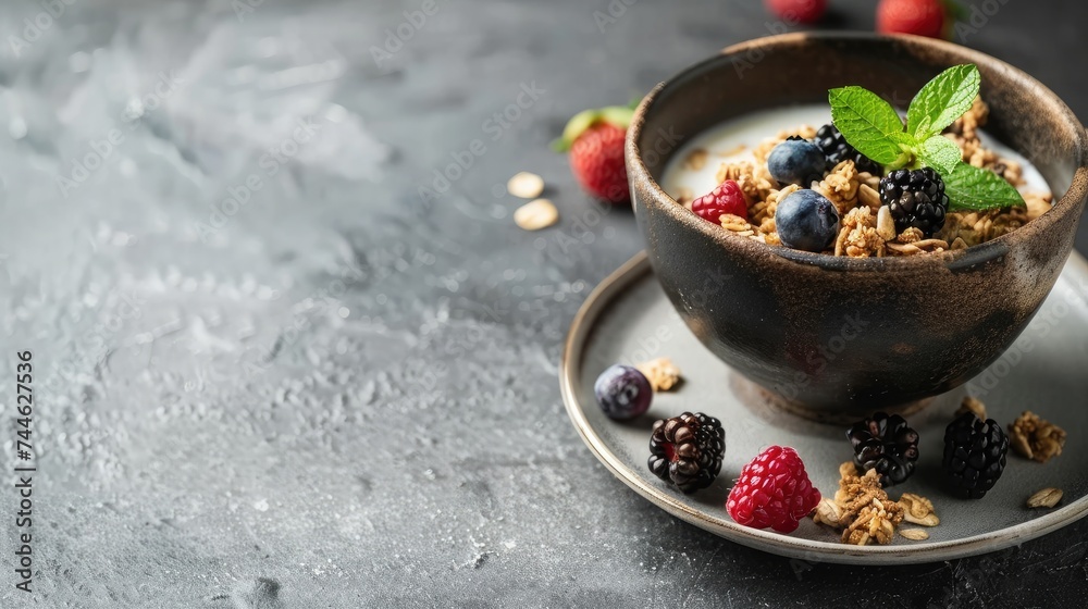 Homemade granola with milk, fresh berries, milk for breakfast. Copy space. Healthy food concept. Banner