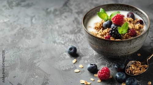 Homemade granola with milk, fresh berries, milk for breakfast. Copy space. Healthy food concept. Banner
