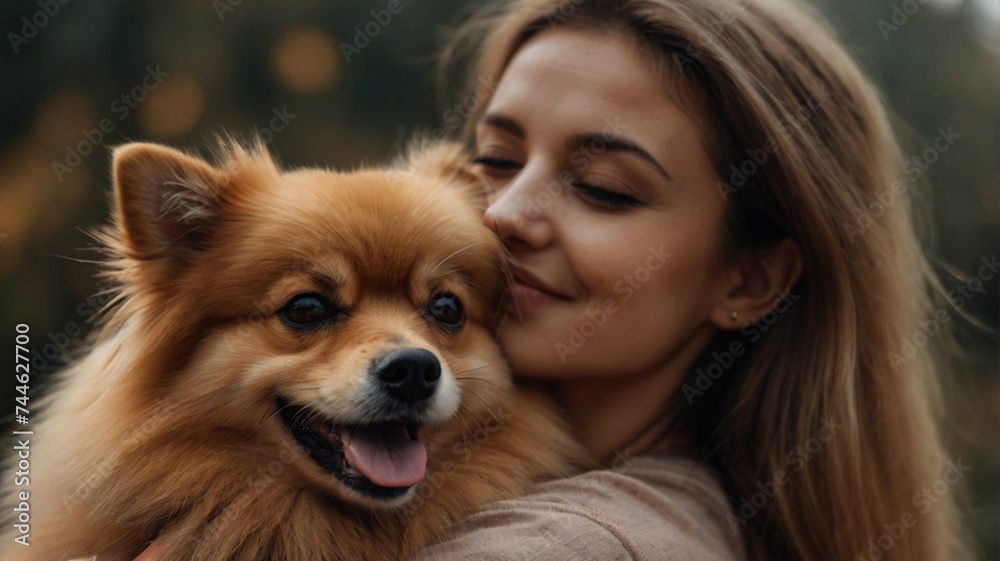 Young woman poses with her pomeranian dog in the garden and hugs him affectionately Young woman poses with her pomeranian dog in the garden and hugs him affectionately