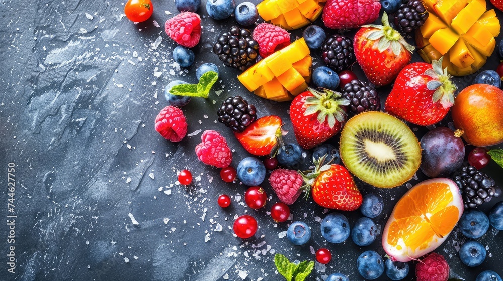 mix of fresh fruits and berries. raw food ingredients. nutrition background mix of fresh fruits and berries. raw food ingredients. nutrition background