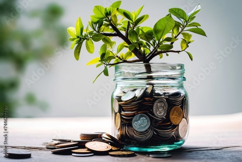Thriving green plant growing in clear jar filled with coins, socially responsible investing with strong environmental, social and corporate governance, Generative AI