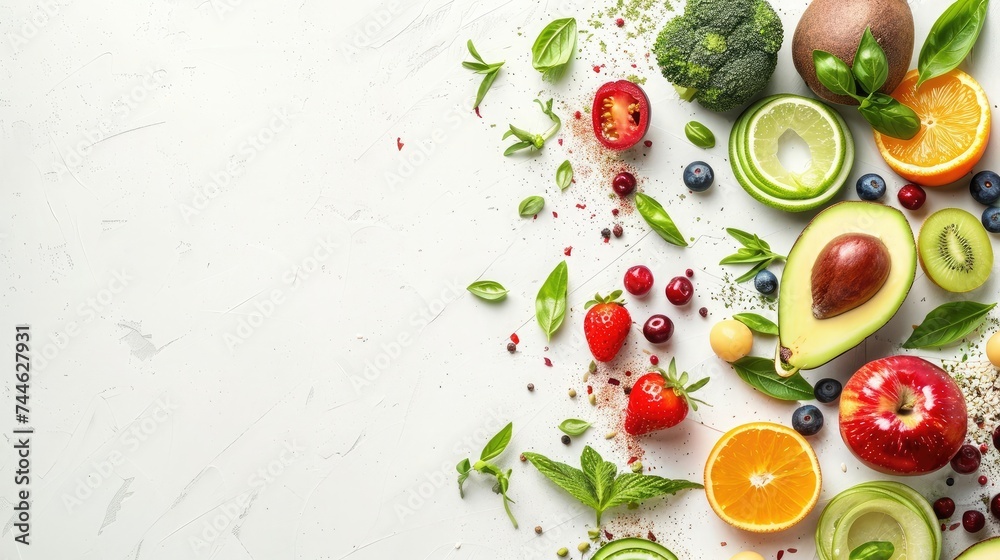 Organic food background and Copy space. Food photography different fruits and vegetables isolated white background. High resolution product Organic food background and Copy space. Food photography different fruits and vegetables isolated white background. High resolution product