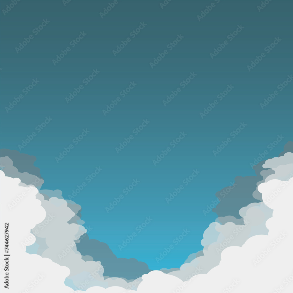 White cloud shape on blue sky background. Border of clouds. Simple flat style of different clouds. High environment. Vector