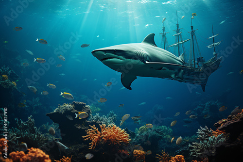 Sea or ocean underwater with sharks and sunken treasure © wendi