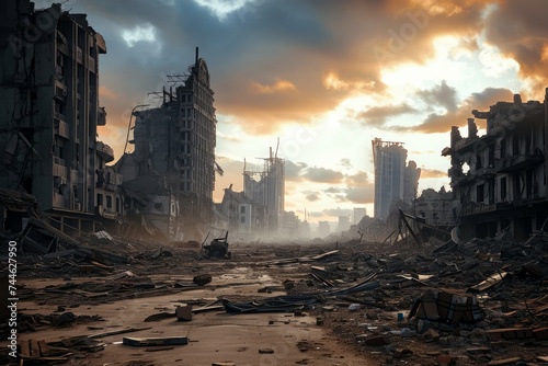 War-torn, post-apocalyptic cityscape with dilapidated buildings and desolate atmosphere under ominous skies, Generative AI