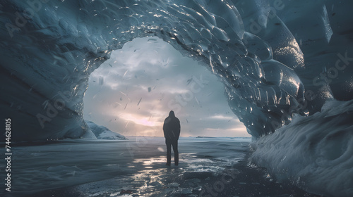 Photo of man standing under an opening in the ice cave while walking beneath a glacier