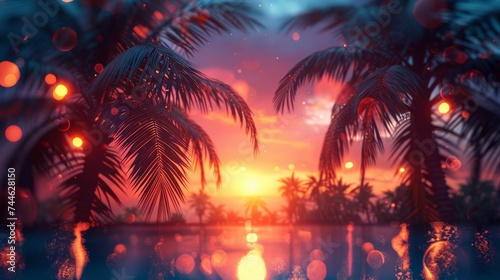 At Sunset, palm trees silhouetted in vintage tone and bokeh lights - Summer Vacation © Zaleman