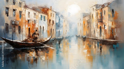 Digital painting of a boat on the canal in Venice, Italy. © I