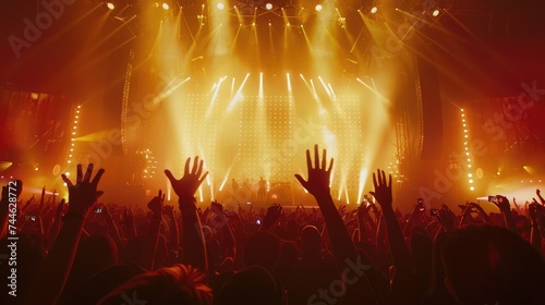 Stage lights and crowd of audience with hands raised at a music festival.