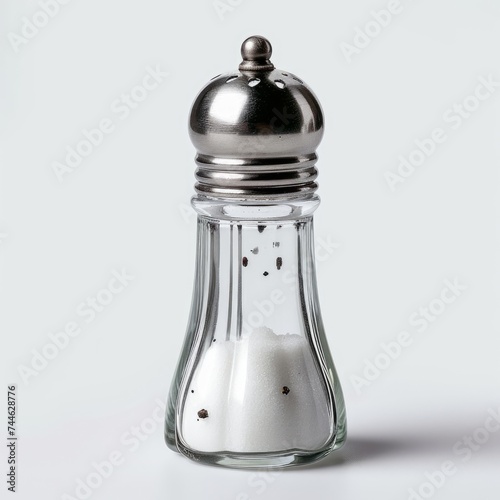 A detailed photograph of a classic salt shaker with a stainless steel top and white body, isolated on a white background, Generative AI
