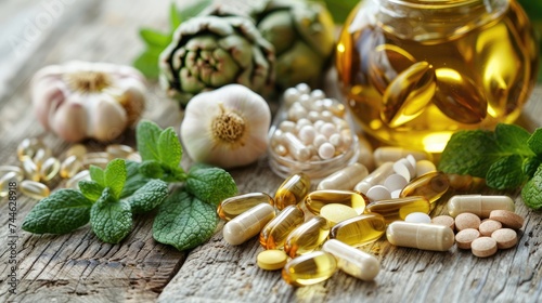 Variety of dietary supplements, including capsules of Garlic, Evening Primrose Oil; Artichoke Leaf; Olive Leaf; Magnesium and Omega 3 Fish Oil.Selective focus. Taken in daylight.