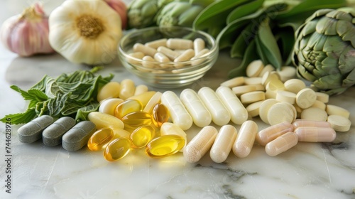 Variety of dietary supplements, including capsules of Garlic, Evening Primrose Oil; Artichoke Leaf; Olive Leaf; Magnesium and Omega 3 Fish Oil.Selective focus. Taken in daylight.