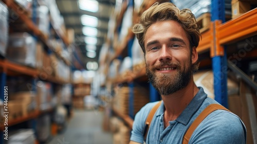 A warehouse staff member staring at the camera smiling. Generative AI.