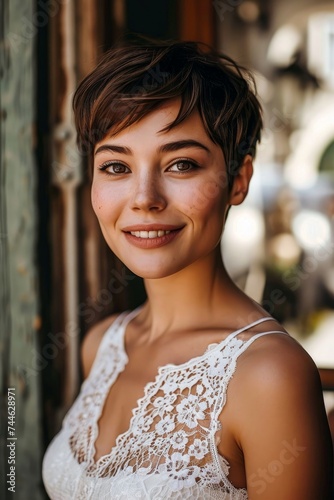 A radiant woman with a stylish pixie haircut and a warm smile, wearing a delicate white lace dress, exudes elegance and confidence, Generative AI