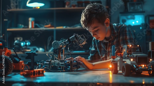 Young boy mechanic repairing the robot in the workshop at night