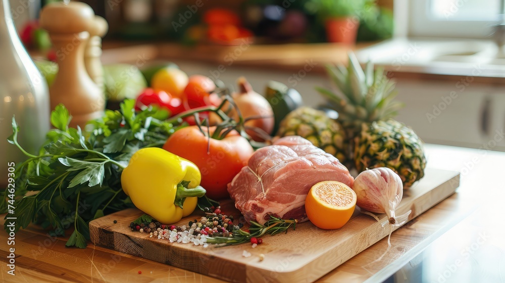 balanced diet, cooking, culinary and food concept - close up of vegetables, fruit and meat on wooden table balanced diet, cooking, culinary and food concept - close up of vegetables, fruit and meat on wooden table