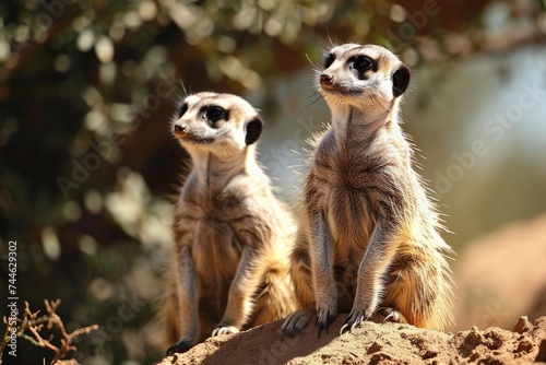 Two meerkats standing on a mound, attentively watching their surroundings, Generative AI