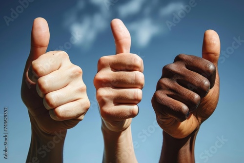 Three hands with varied skin tones giving thumbs up against a clear blue sky background, Generative AI